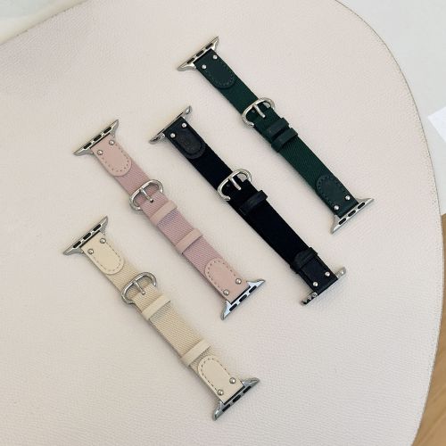 Fashion Nylon Spliced Leather Watch Strap For Apple Watch Ultra 2 49mm Band For Iwatch Series 9 Se 8 7 6 5 38 40 41 42 44 45 Mm（NLB-383）