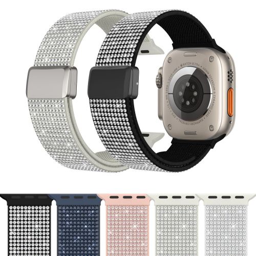 Diamond-Embellished Magnetic Clasp Nylon Watch Strap For Apple Watch Ultra 2 Band 49mm For Iwatch Series 10 9 8 7 41 42 45 46 mm （NLB-448）